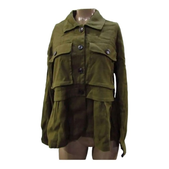 NWT MAEVE Anthropologie Flounced Utility Shirt Jacket Olive Green Medium - Picture 9 of 15